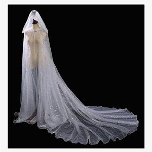 Elegant Silver Hooded Cape with Train Elven Celestial Ethereal Stars